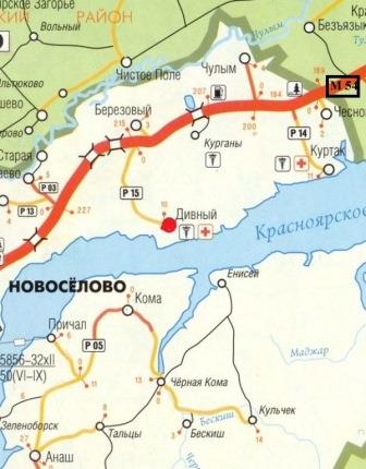Расположение поселка на карте Новоселовского района